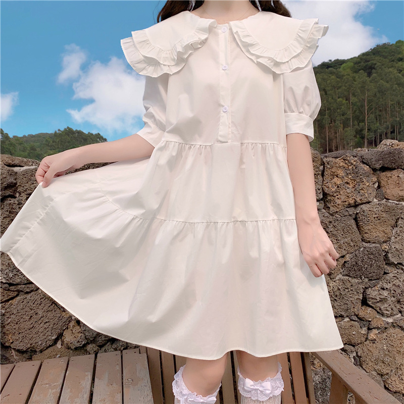 学院风压褶荷叶边甜美娃娃裙日系少女裙子女夏薄款宽松白色连衣裙