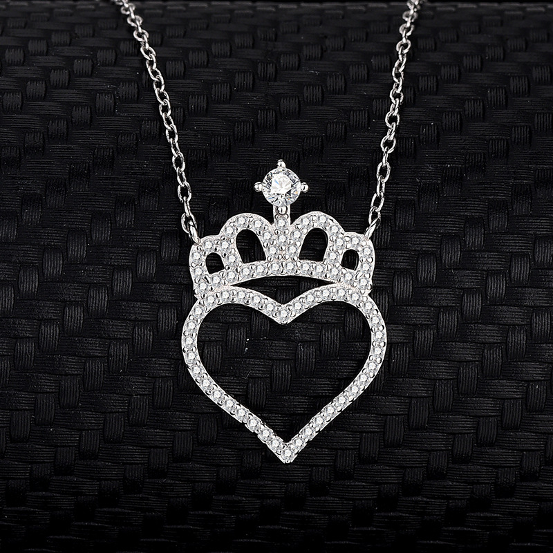 s925纯银心形皇冠项链女满钻爱心吊坠锁骨链时尚日韩百塔项饰代发