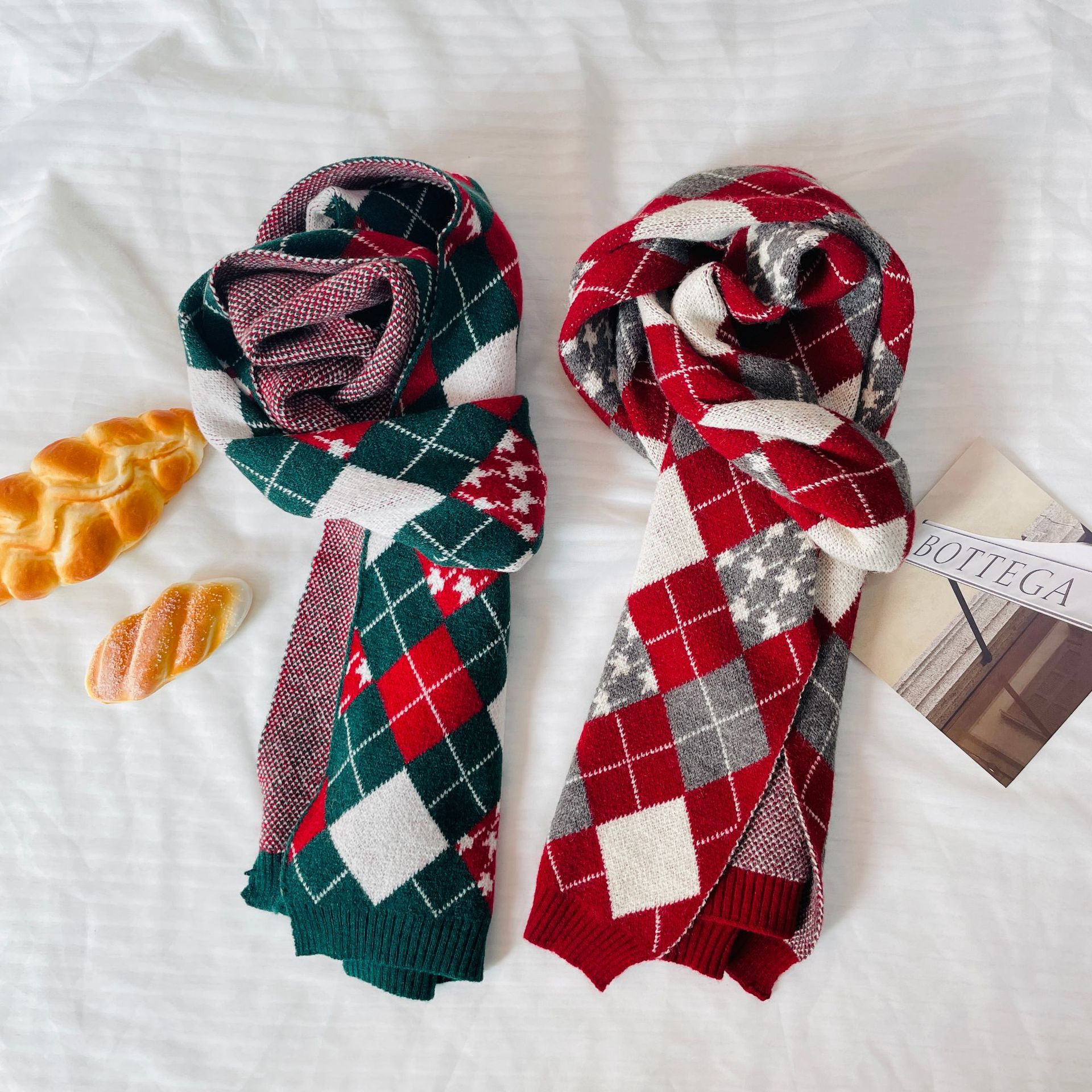 新款圣诞红菱形针织围巾女秋冬韩版百搭加厚保暖学生情侣围脖披肩