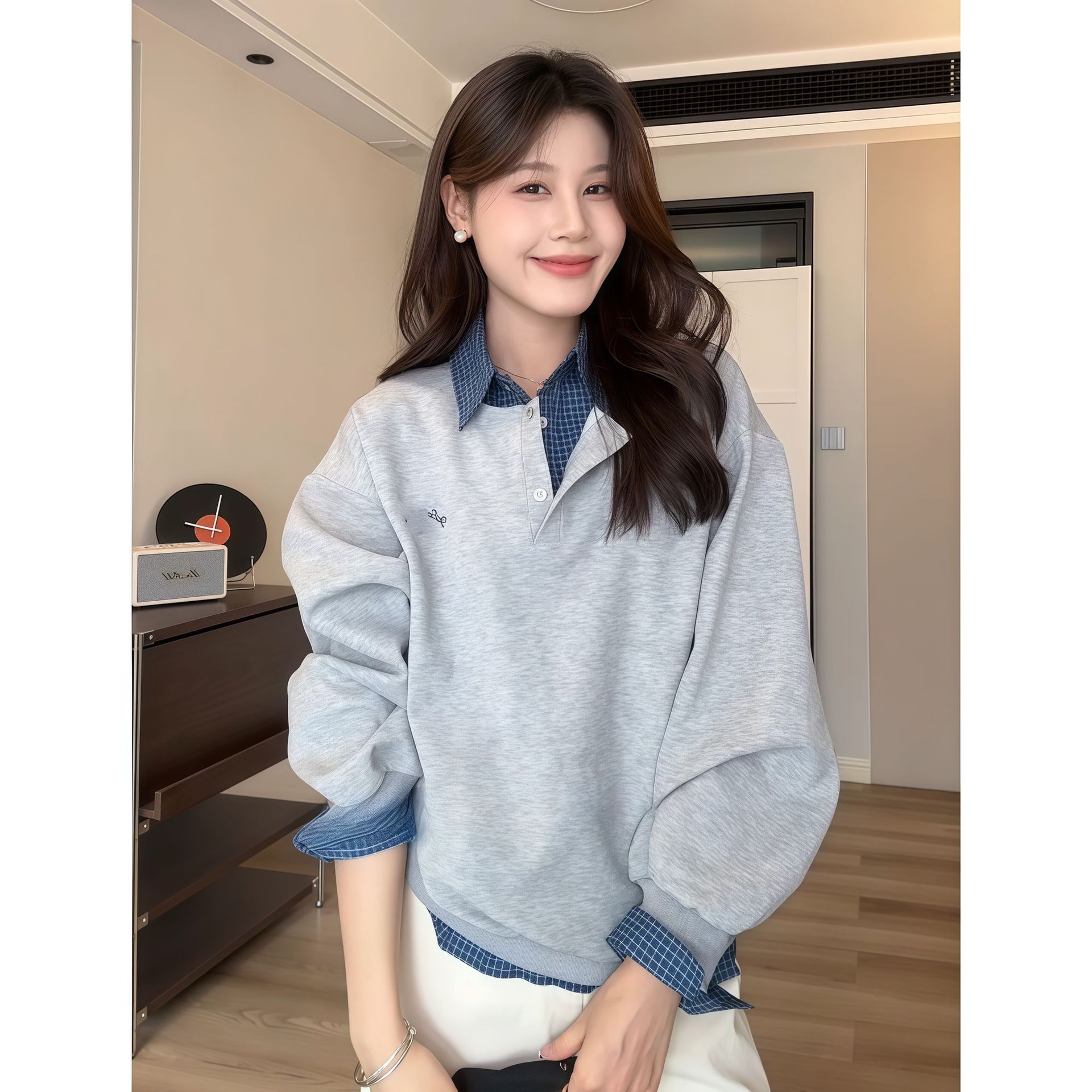 假两件格子拼接卫衣POLO领宽松显瘦小众女装秋季新款时尚百搭上衣