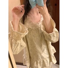 韩国ins女士外贸秋冬宫廷风少女碎花灯芯绒家居服睡衣套装批发女