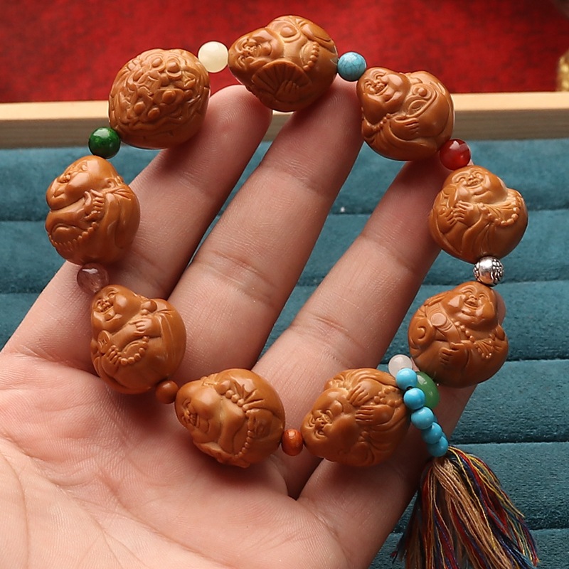 橄榄核佛珠鲨鱼背雕刻八大弥勒盘玩包浆文玩单圈手串橄榄胡手把件
