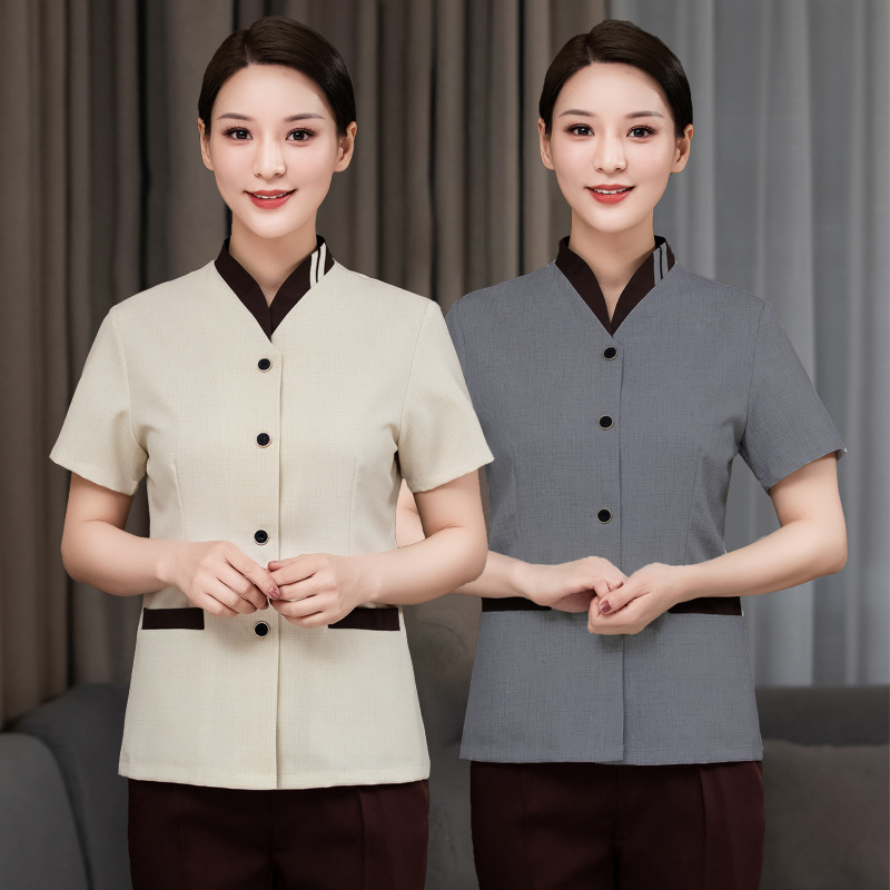 商场保洁员工作服短袖女酒店宾馆客房保洁阿姨清洁工套装夏季v领