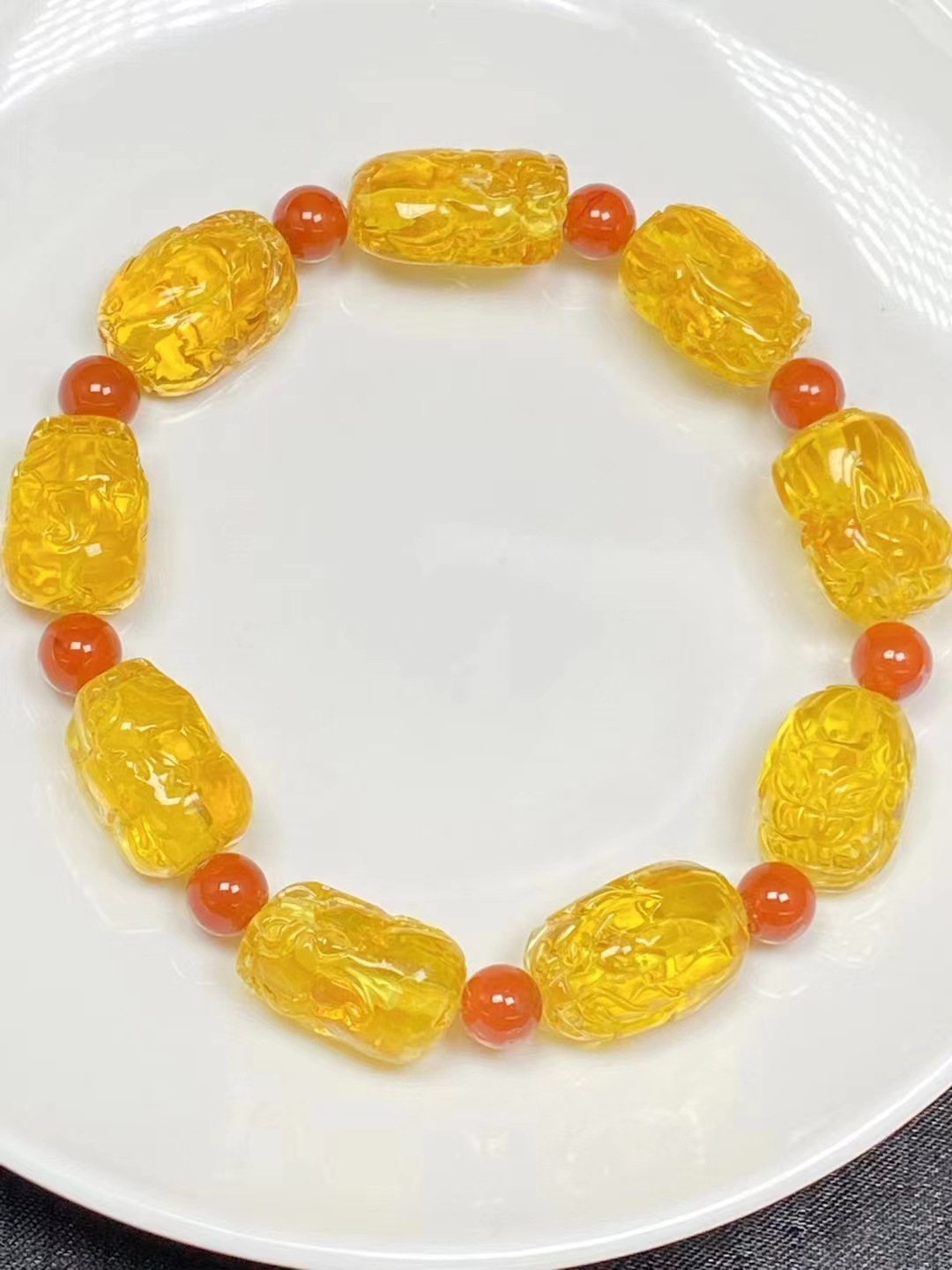 俄料天然金珀貔貅手链 精工立体 净水 搭配南红配珠