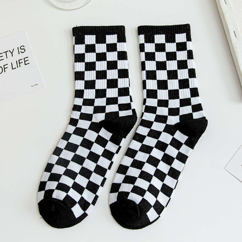 Chessboard Plaid Socks Men and Women Pure Color Cotton Autumn and Winter Long European and American Sports College Trendy Socks