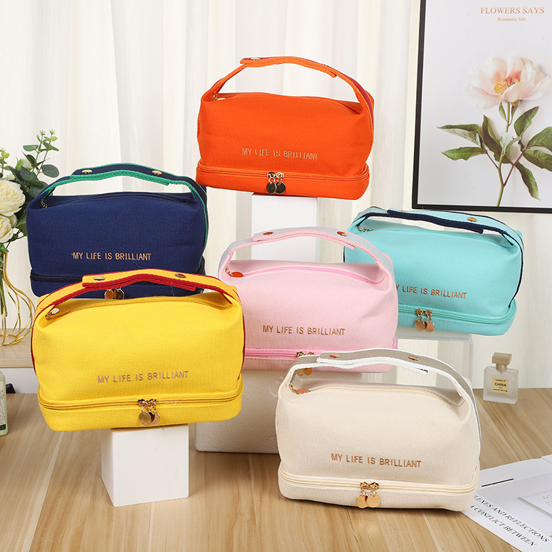 Double-Layer Canvas Cosmetic Bag New Ins Style Handbag Simple Travel Storage Bag Portable Wash Bag in Stock