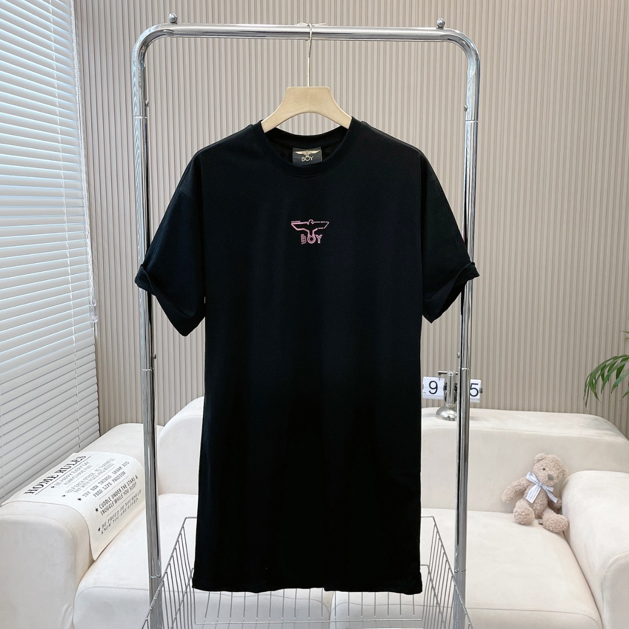 boy夏季粉色老鹰翅膀后背烫金印花女士短袖圆领长裙t恤英伦潮牌