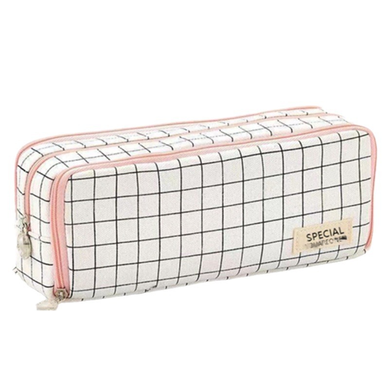 New Student Canvas Pencil Case Large Capacity Simple Good-looking Multi-Layer Triple Zipper Two Sides Open Cabin Stationery Storage Bag