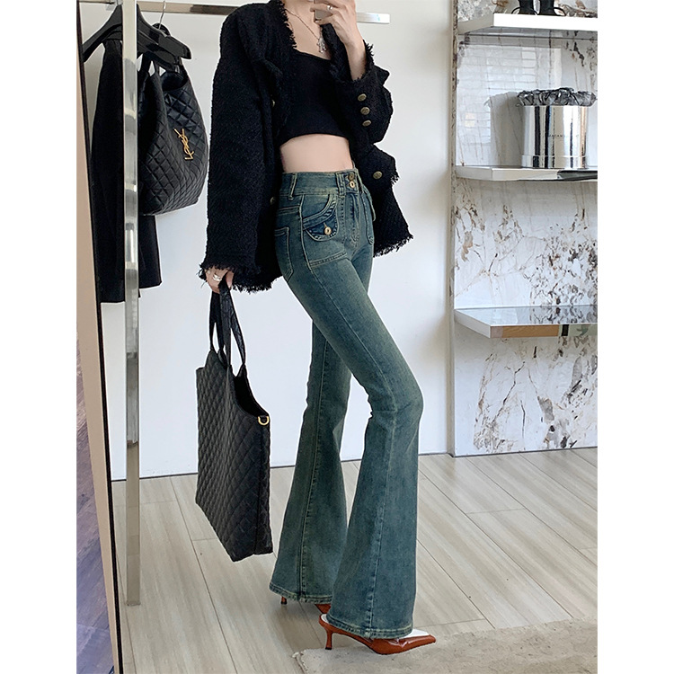  New Retro Slightly Flared Jeans Women's High Waist Slim Fit Slimming European and American Style Design Sense Niche Horseshoe Pants