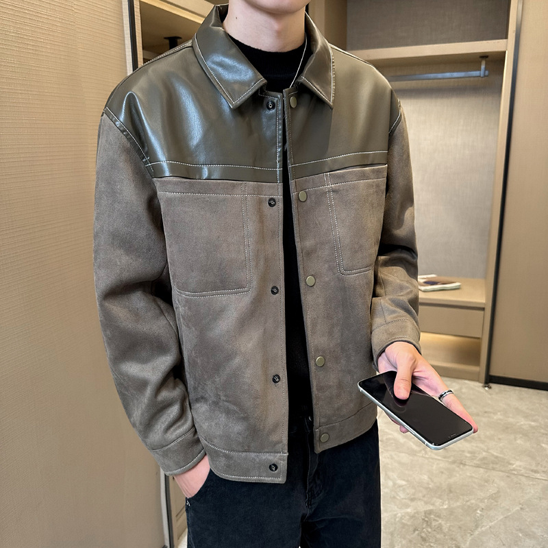 2023秋季新款皮衣男时尚拼料鹿皮绒外套帅气上衣服潮 00一件代发