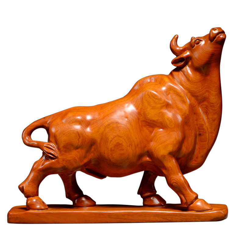 木雕福牛生肖摆件实木雕刻玄关牛气冲天摆设办公书架开业工艺饰品