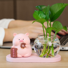 创意卡通可爱小猪摆件网红绿萝水培花盆摆件玄关办公室桌面装饰品
