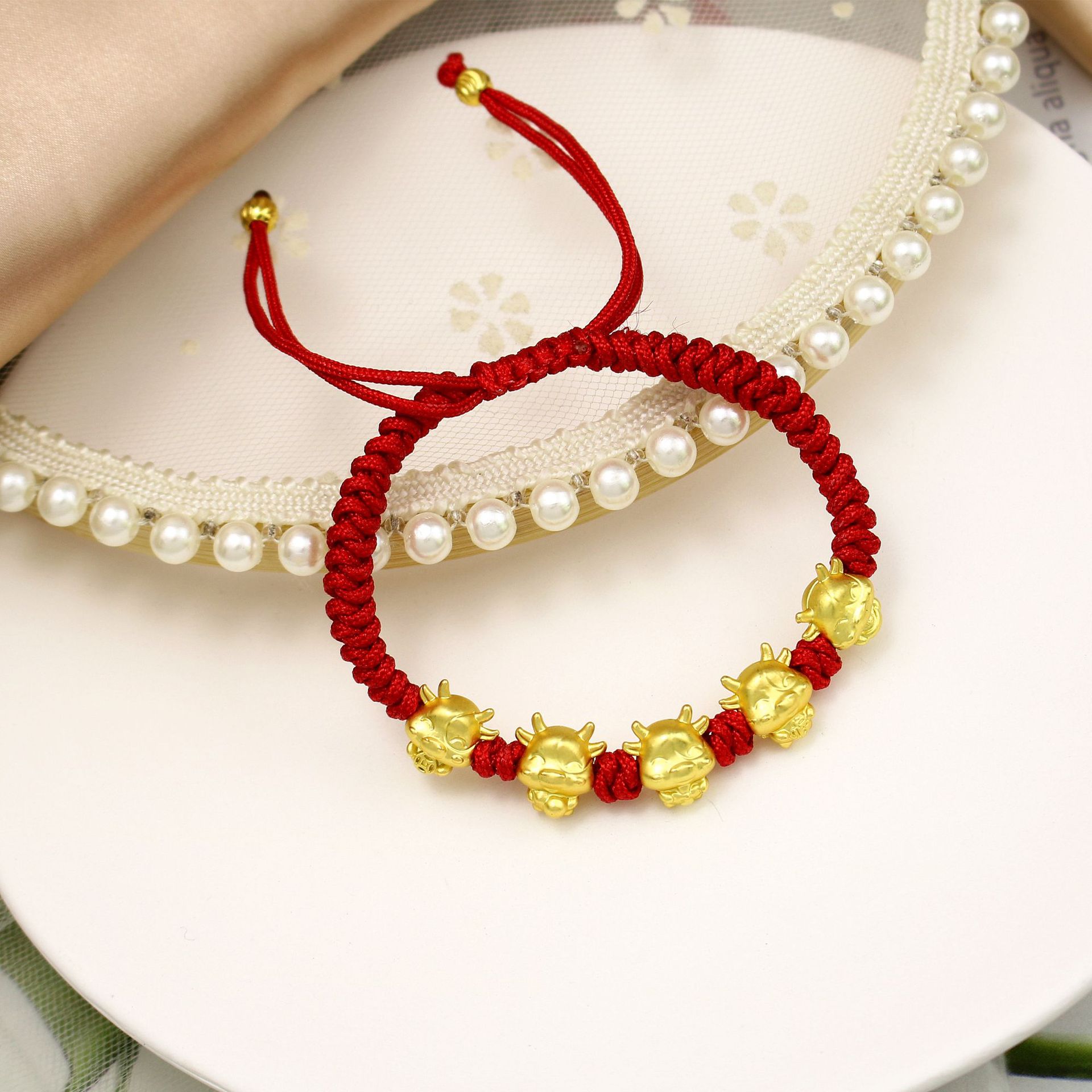 本命年五福牛手链 生肖牛情侣转运手串 小金牛手工编织红绳手链