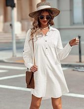 欧美女式棉质衬衫连衣裙系扣长袖亚麻束腰上衣夏季沙滩罩衫