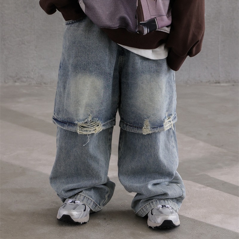 2024春秋季新款童裤儿童韩版个性破洞牛仔裤男童百搭直筒裤潮批发