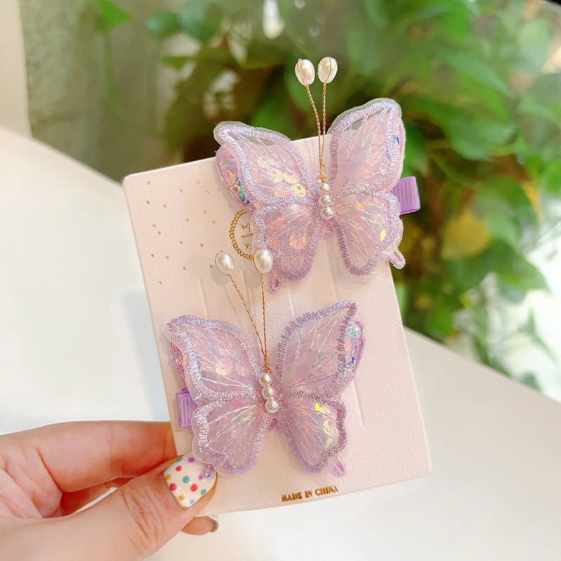 New Children's Fairy Ancient Style Mesh Butterfly Barrettes Double-Layer Sequined Side Hairpin Little Girl Bang Clip Headdress