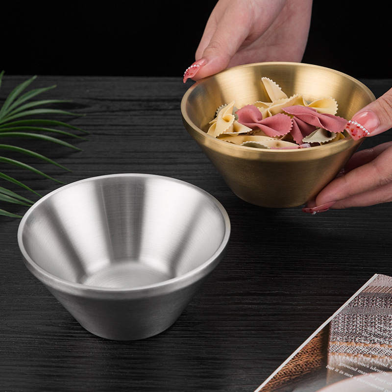 Hz473 Stainless Steel 304 Korean Barbecue V-Shaped Rain-Hat Shaped Bowl Double Layer Children's Rice Bowl Golden Sand Ice Ramen Bowl