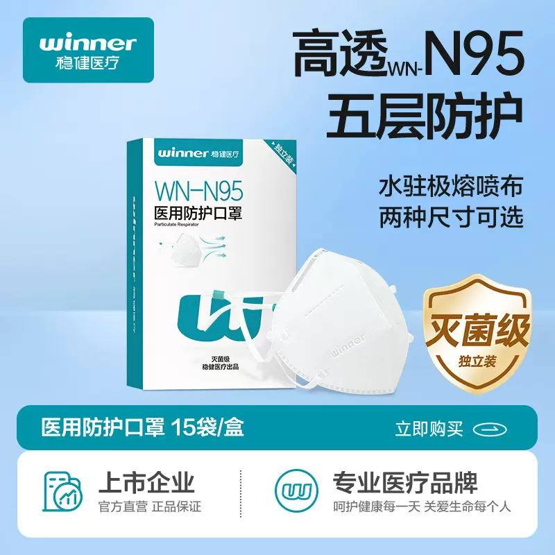 Winner稳健高透气灭菌白色医用防护口罩折叠式WN-N95口罩 15个/盒