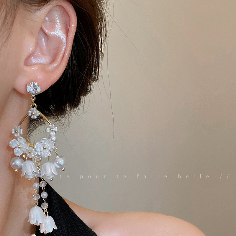 Silver Needle French Style Super Fairy Diamond Pearl Flower Tassel Earrings Light Luxury Temperament Earrings Niche Retro Exaggerated Earrings