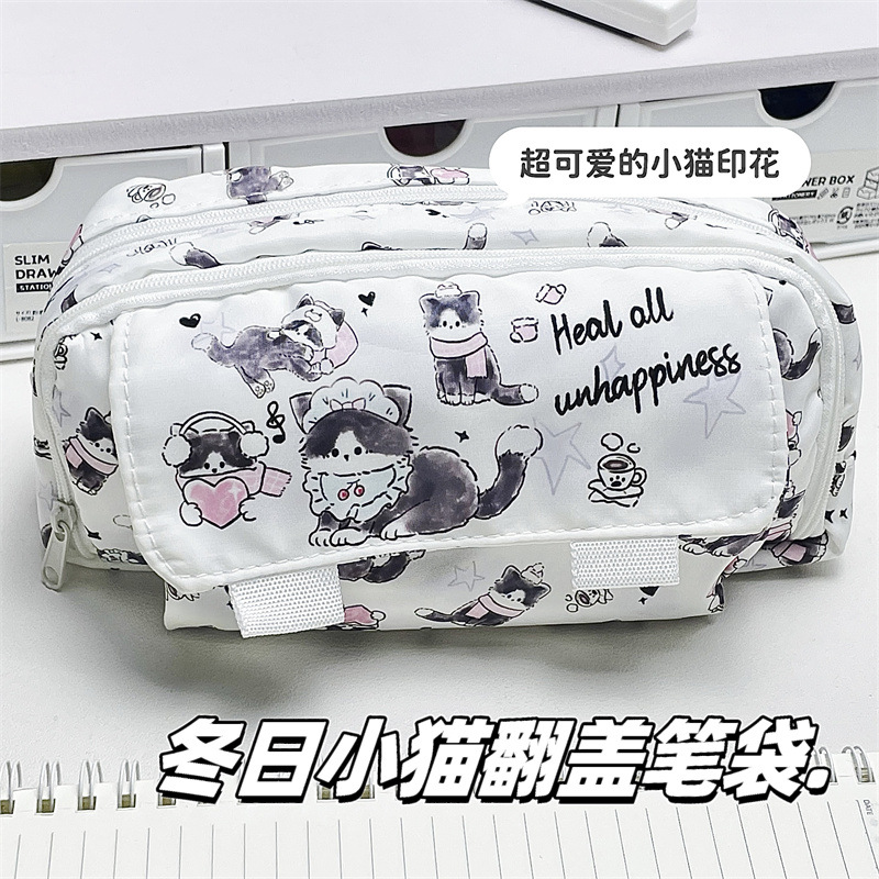 ins韩版大容量笔袋可爱小猫高颜值卡通印花文具学生收纳笔袋文具