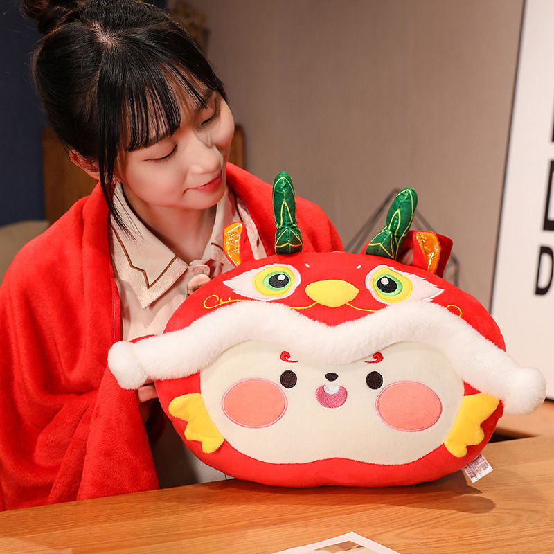 国潮醒狮龙暖手抱枕毯龙年吉祥物毛绒玩具公仔生肖龙玩偶礼品跨境-阿