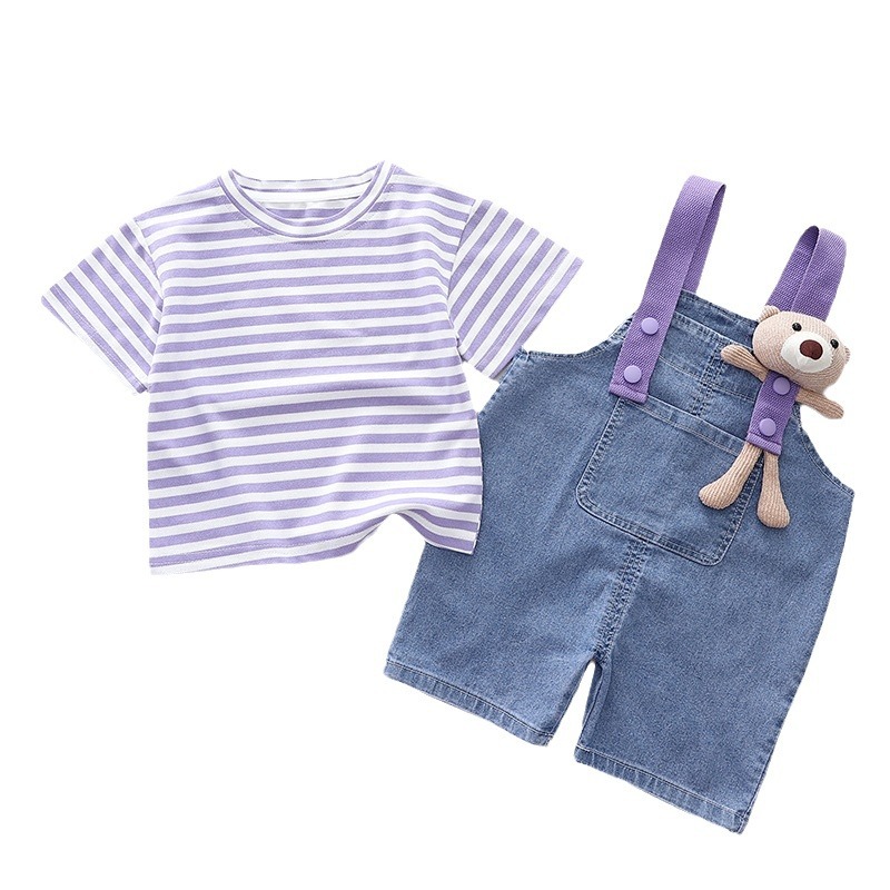 Little Barong Children's Clothing 2024 Summer Bear Strap Denim Shorts Suit Girls' Western Style Striped Short Sleeve Two-Piece Suit