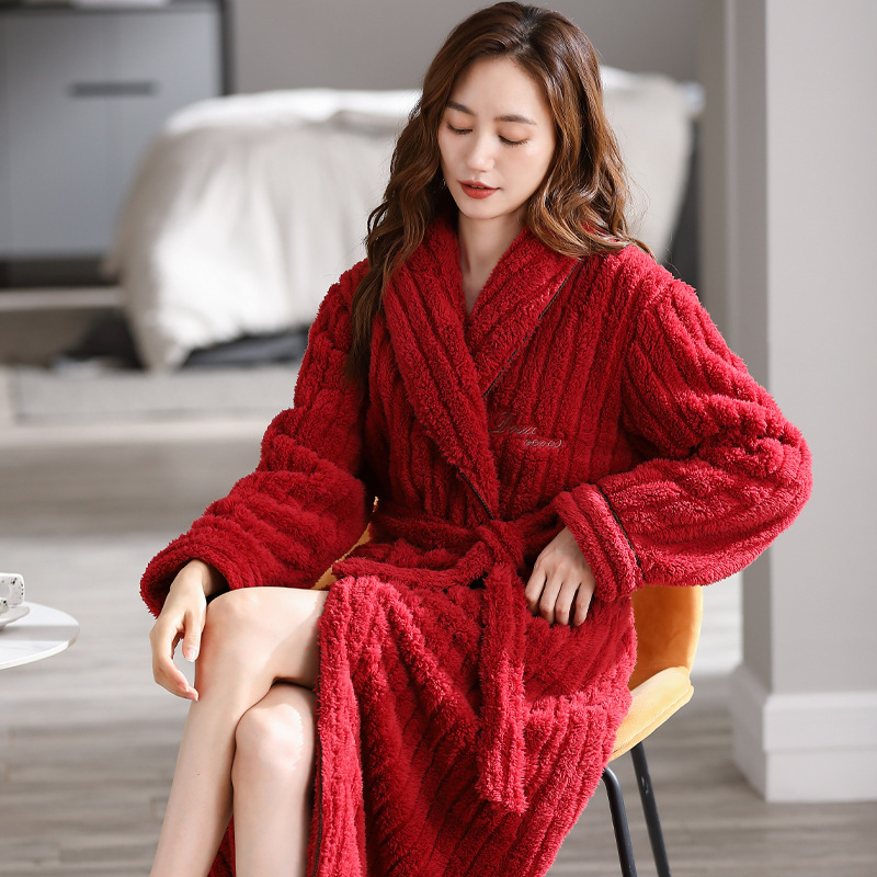 Flannel Nightgown Women's Winter Cardigan Long Sleeve with Waist Rope Keep Warm Pure Color Hotel Bathrobe Home Morning Gowns Pajamas