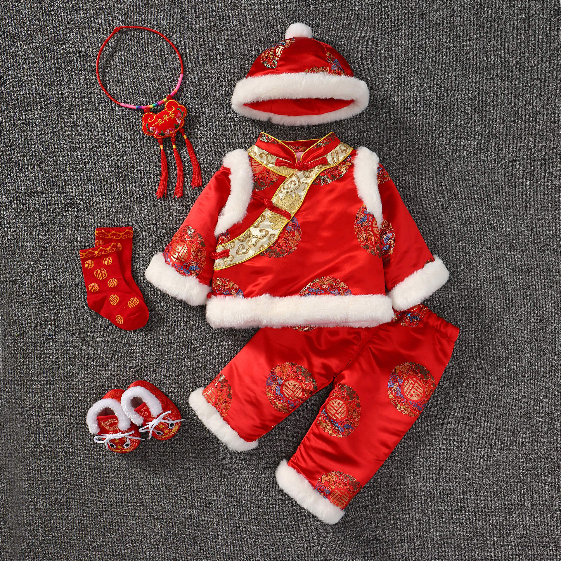 唐装女童中国风套装拜年服女童周岁礼服过年新年装 五福团织锦缎