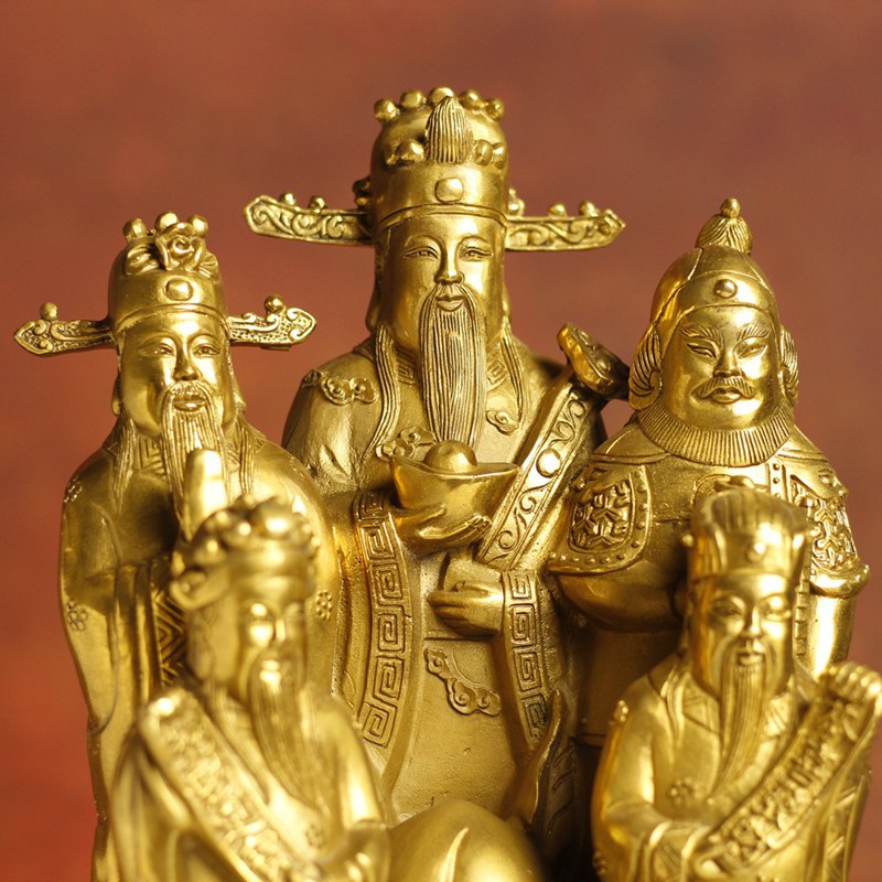 纯黄铜五路财神到铜带盖聚宝盆文财神聚宝盆摆设家居工艺品摆件