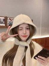 复古围巾一体韩版纯色护耳针织毛线帽女秋冬季甜美保暖系带包头帽