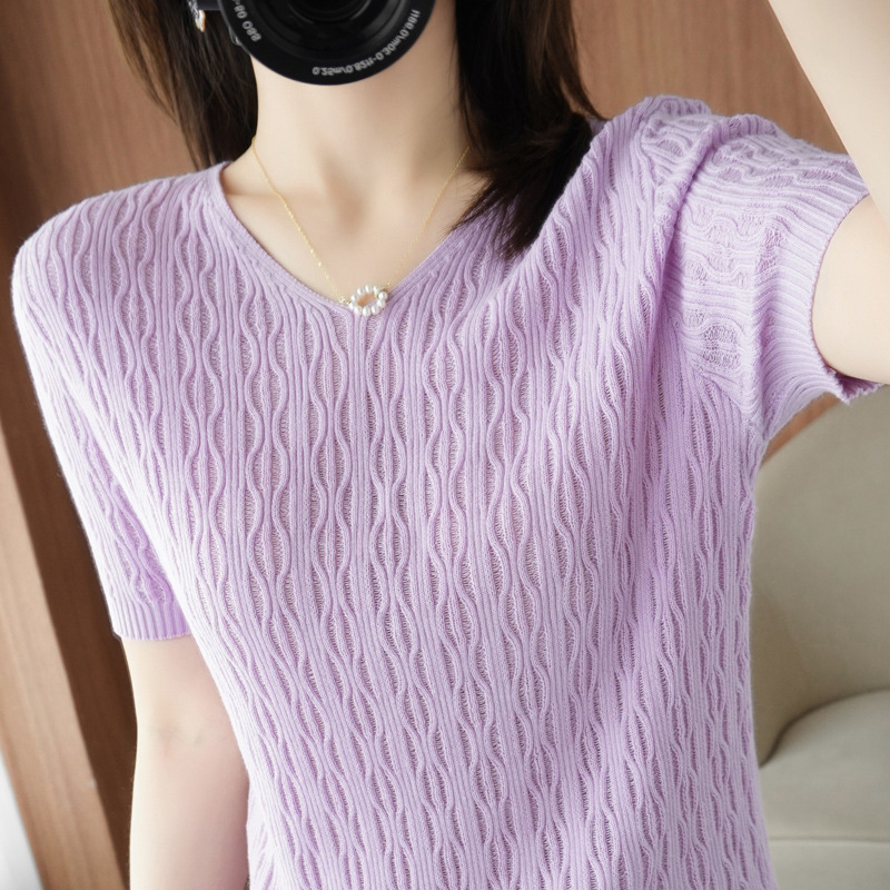 纯棉线短袖针织t恤衫女v领套头修身打底上衣短款简约百搭全棉t恤