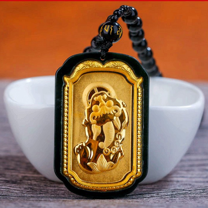 金镶玉貔貅关公吊坠天然和田玉墨玉足金镶嵌男女招财镜面玻璃挂件