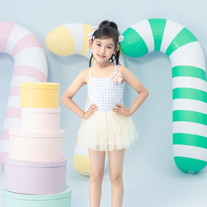 儿童泳衣夏季2024新款女童女宝宝时尚格子可爱小清新公主裙游泳装