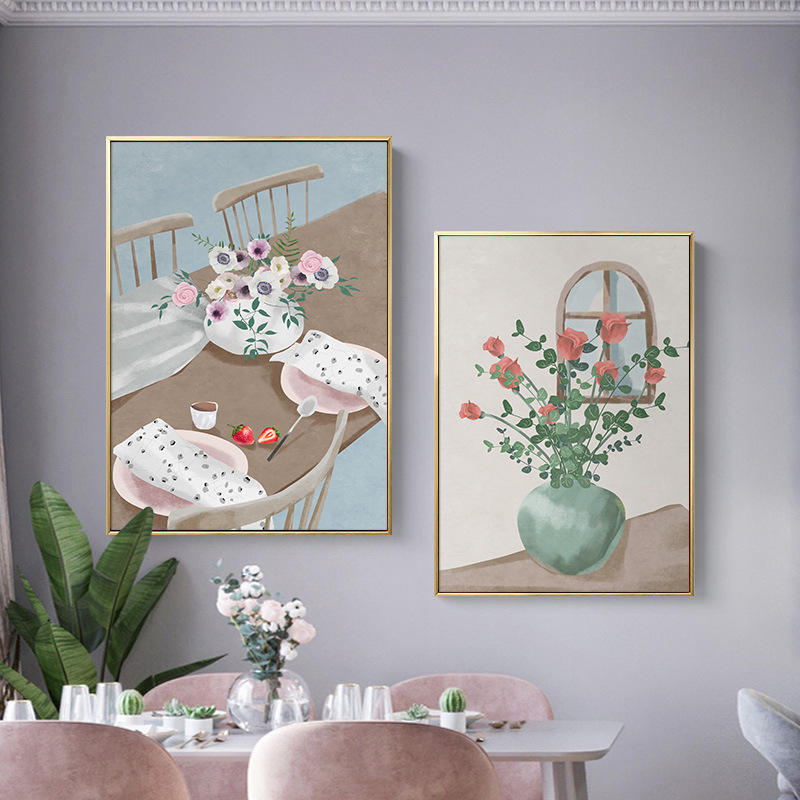 北欧饭厅餐厅装饰画温馨油画客厅沙发背景墙壁画花卉卧室床头挂画