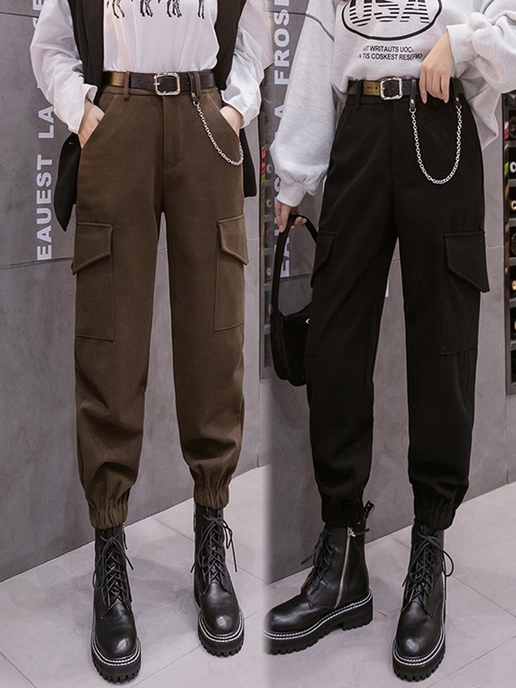 配马丁靴的裤子女2021秋冬新款高腰显瘦毛呢休闲哈伦裤束脚工装裤