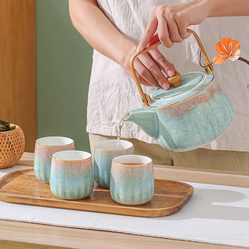 Glaze Kiln Contrast Color Household Tea Set Creative Gift Band Tray Tea Set One Pot Four Cups Ceramic Tea Set Gift Box