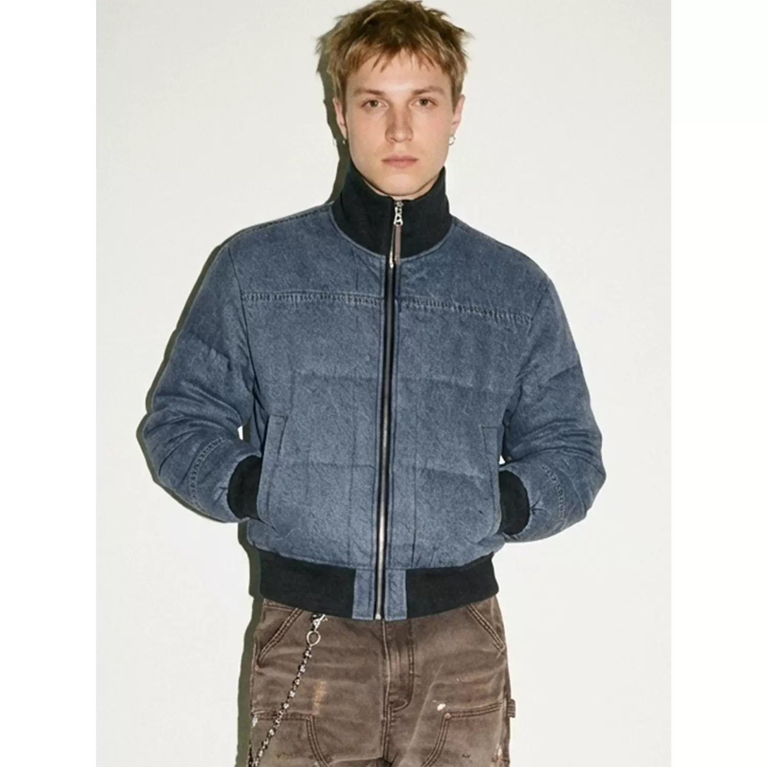 易盛易 美式复古深冬立领牛仔短宽bomber面包服加厚保暖棉服外套