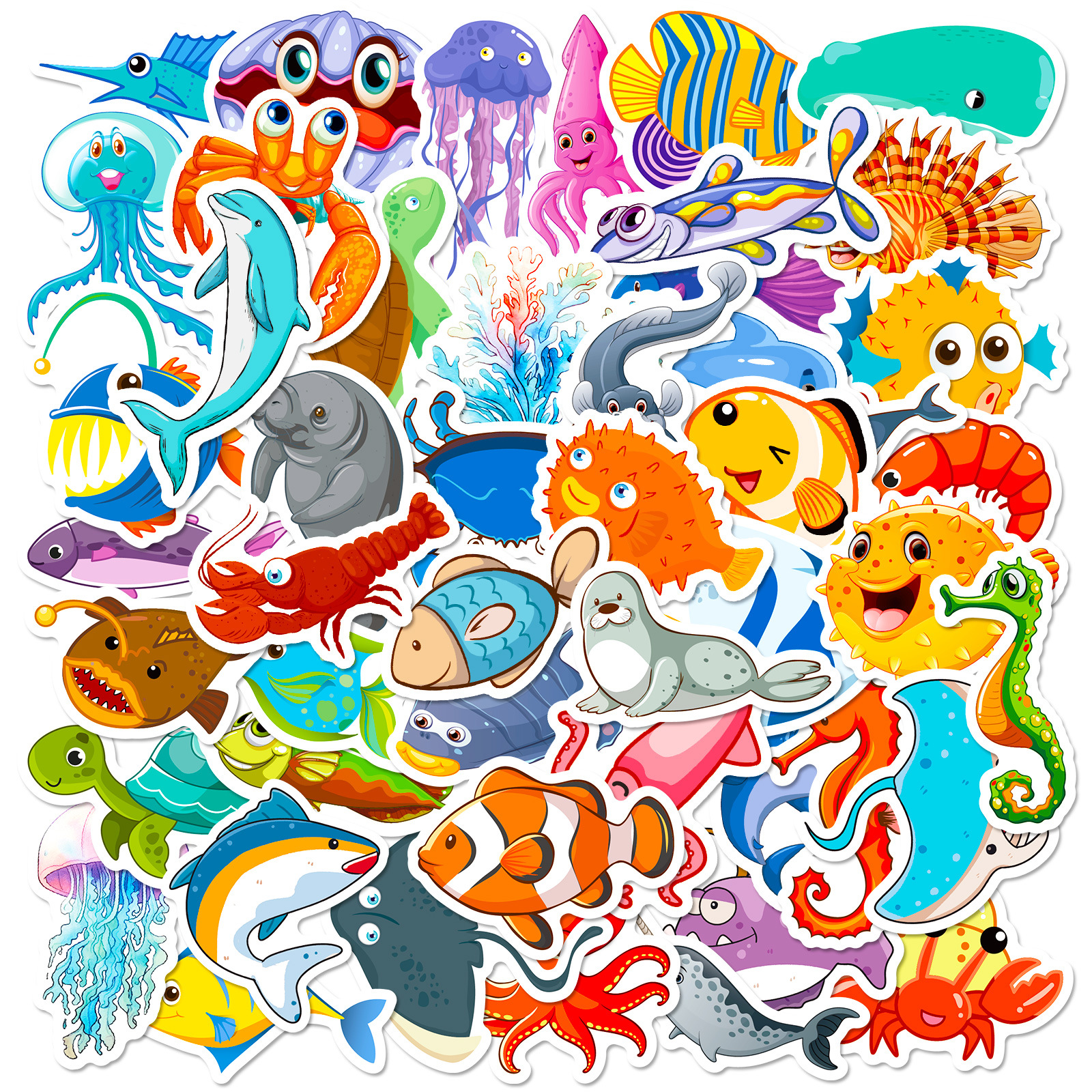 50张海洋生物贴纸海底世界系列跨境卡通可爱diy海星水母涂鸦贴画