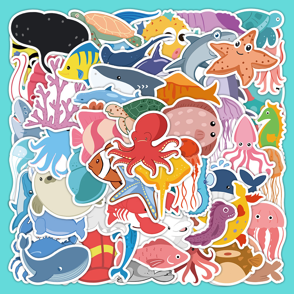 60张卡通绘画海洋生物贴纸装饰贴画手帐防水行李箱滑板车墙面装饰