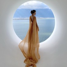 女装新疆青海西藏沙漠海岛旅行雪纺V领橙色露背拖尾长裙