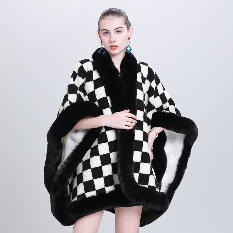 Live Broadcast Supply EU and South Korea Autumn and Winter Fashion New Scarf Shawl Thickened Plaid Fur Collar Cape and Shawl 0982#