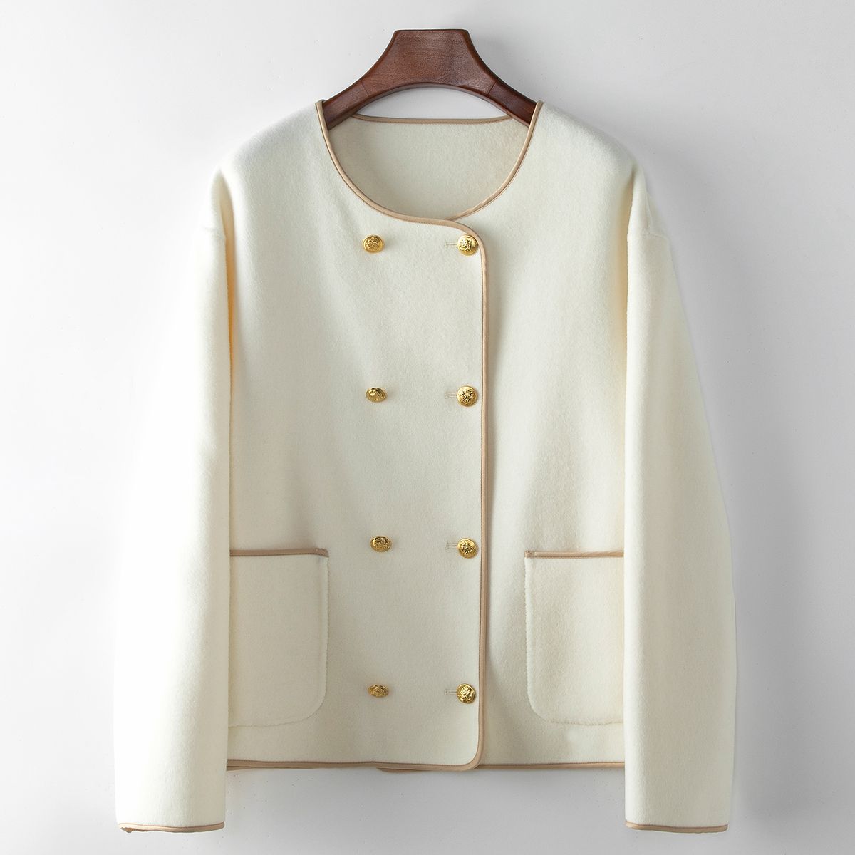 少量服饰10山羊绒90绵羊毛2024春季女式新品休闲圆领羊绒大衣外套