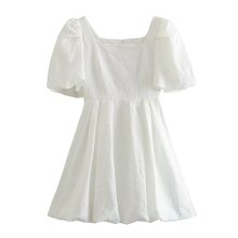 欧美风2023夏季新款白色压花花苞连衣裙 方领泡泡袖短裙M10-AA186