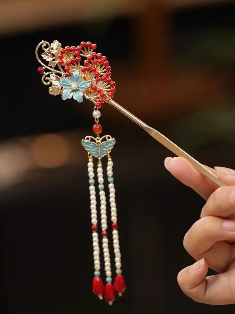 新中式旗袍 流苏步摇古典国风发簪头饰簪花盘发烧蓝红色发饰 簪子