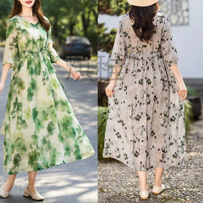 s榹5高品质纯料材质连衣裙2023年夏季女装薄款文艺休闲宽松版