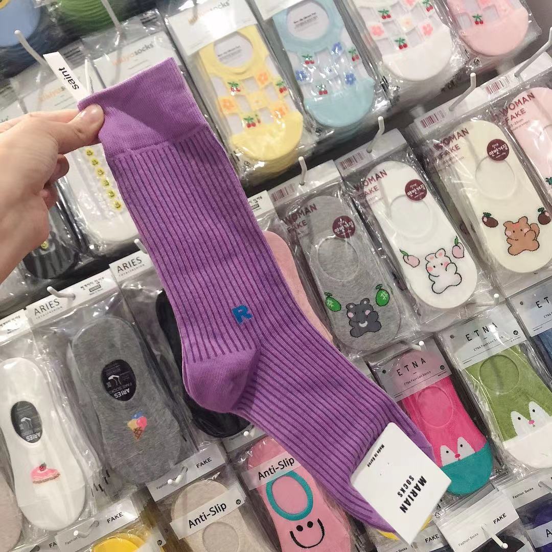 Korean-Made Socks Dongdaemun Fluorescent Candy Color Vertical Fine Lines R Lettered Casual Cotton Socks Marian Bunching Socks Women