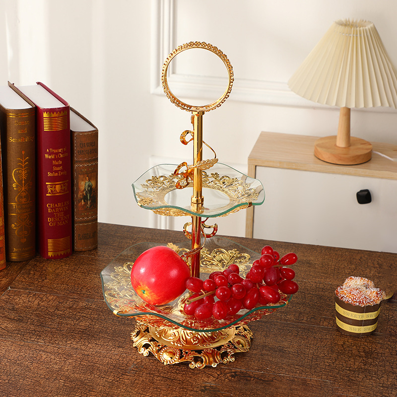 European-Style Double-Layer Glass Fruit Plate Modern Light Luxury Creative Fruit Snack Dried Fruit Fruit Plate High-End Hotel Hall Decoration