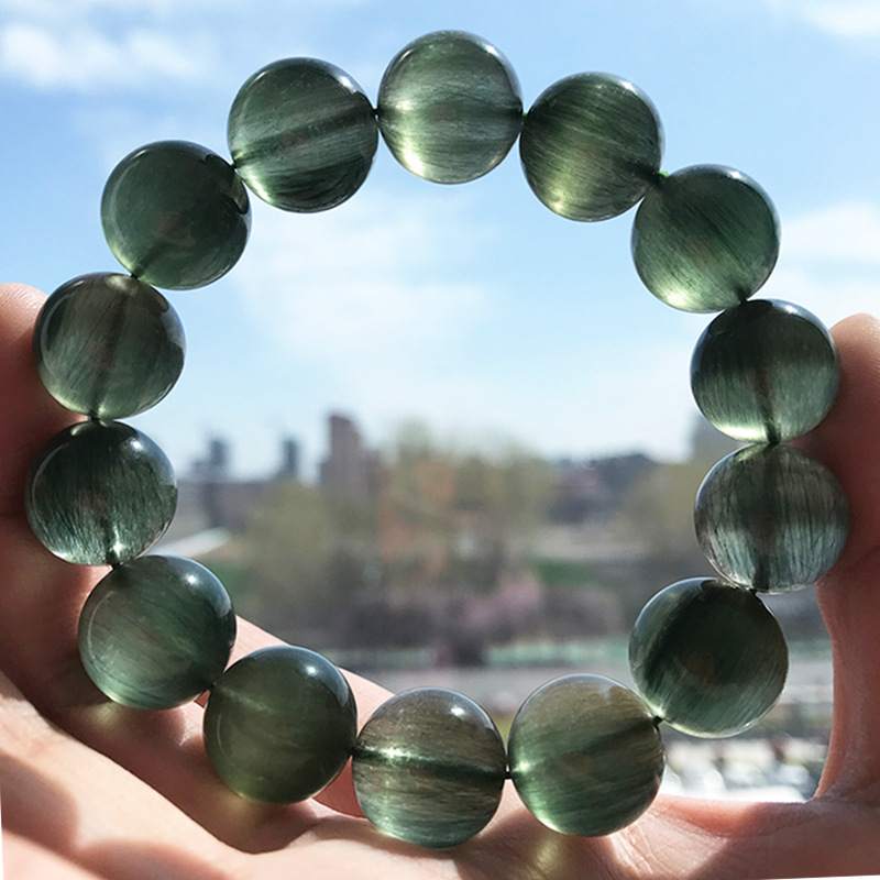 天然绿发晶手链墨绿色顺发猫眼通透男女108颗绿碧玺幽灵水晶手串