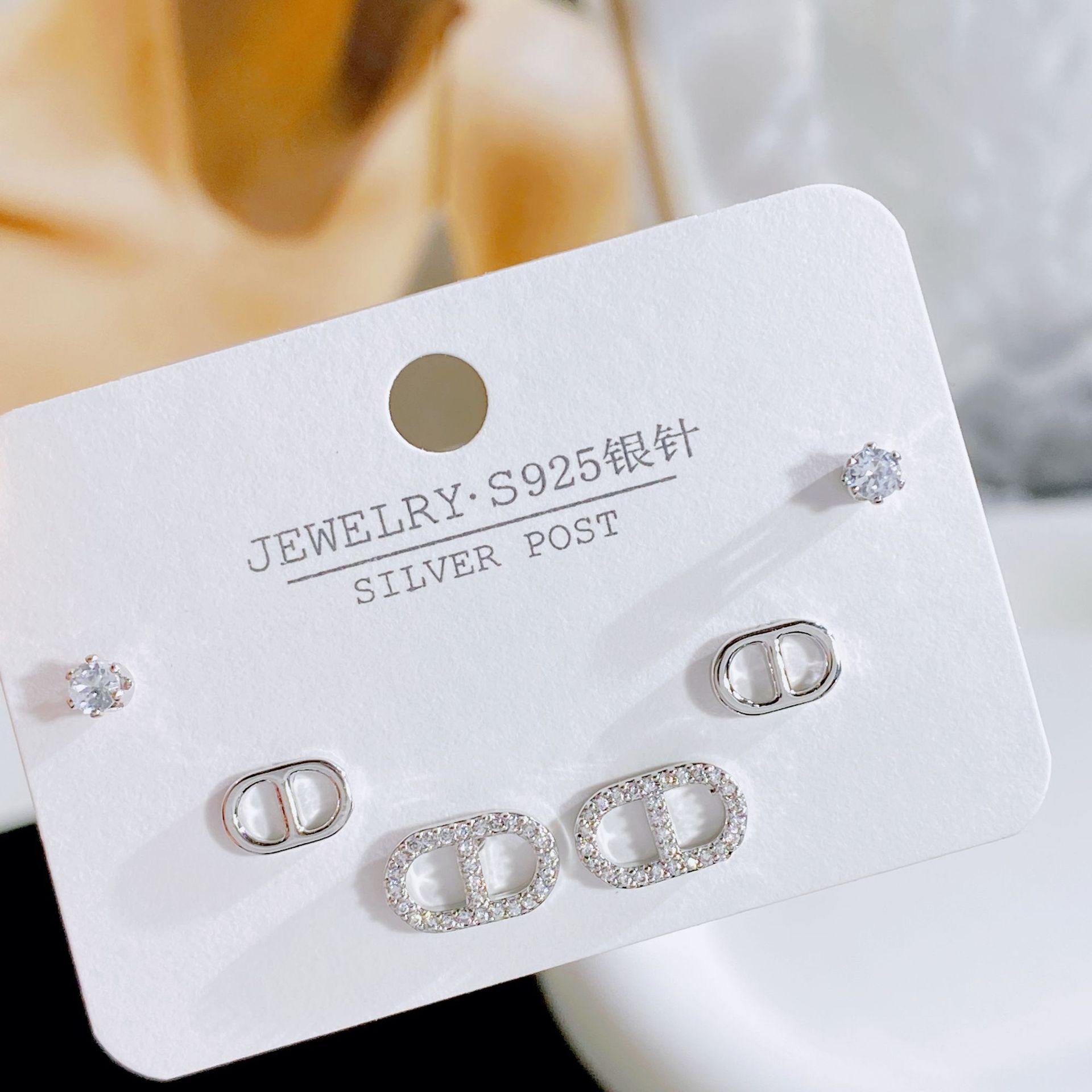 Slbaby Exquisite Small Diamond-Embedded Three Pairs of Earrings Sterling Silver Needle More than Simple Graceful Pairs Earring Storage