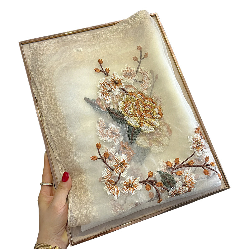 Chinese Style New Flower Silk Wool Scarf Women's Embroidered Silk Scarf Warm Shawl Long Scarf to Give Mom